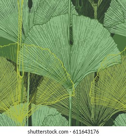 Tropical ginkgo biloba leaves. Hand Drawn Seamless Vector Pattern.