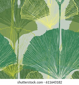 Tropical ginkgo biloba leaves. Hand Drawn Seamless Vector Pattern.