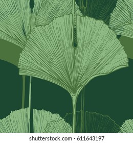 Tropical ginkgo biloba leaves. Hand Drawn Seamless Vector Pattern.