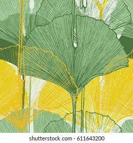 Tropical ginkgo biloba leaves. Hand Drawn Seamless Vector Pattern.