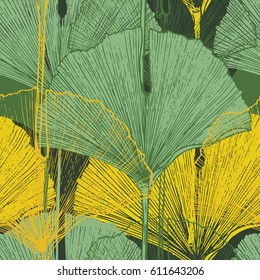 Tropical ginkgo biloba leaves. Hand Drawn Seamless Vector Pattern.