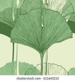 Tropical ginkgo biloba leaves. Hand Drawn Seamless Vector Pattern.