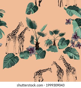 Tropical giraffe wild animals,  fan palm, floral floral seamless pattern. Exotic safari in the jungle, wallpaper.
