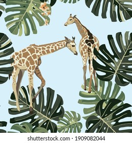 Tropical giraffe, wild animals, plant floral seamless pattern. Vector image.