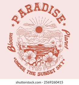 Tropical girl fashion. summer print design. flower hand drawing. paradise under the sunset. vintage retro color print. print design. graphic. summer t shirt design. t- shirt design