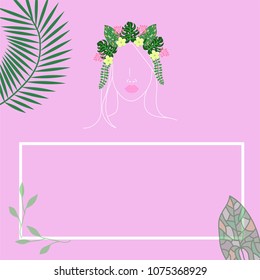 tropical girl with leaves and flowers in her hair on a pink background.