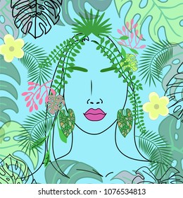 tropical girl with leaves and flowers in her hair on a blue background.