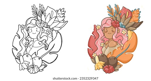 Tropical Hawaïan Girl with luxurious colorful plants, banana, coconut - Illustration for kids books, gift card and coloring book - Kawaii style