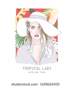 eslogan de chica tropical con chica dibujada a mano en la ilustración de sombrero de moda