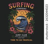 tropical girls t-shirt design. vintage retro graphics. summer graphics for aloha Hawaii in Waikiki beach. big waves in surf paradise. beach print design