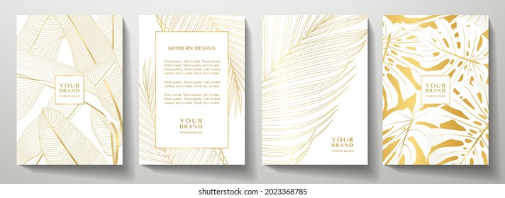 Tropical gold cover design set. Floral background with line pattern of exotic leaf (palm, banana tree). Elegant vector collection for wedding invite, brochure template, restaurant menu