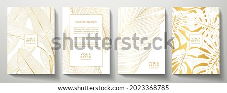 Tropical gold cover design set. Floral background with line pattern of exotic leaf (palm, banana tree). Elegant vector collection for wedding invite, brochure template, restaurant menu