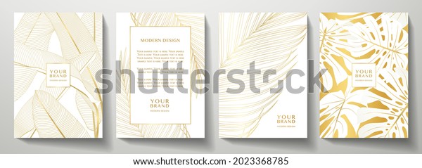 Tropical gold cover design set. Floral background\
with line pattern of exotic leaf (palm, banana tree). Elegant\
vector collection for wedding invite, brochure template, restaurant\
menu