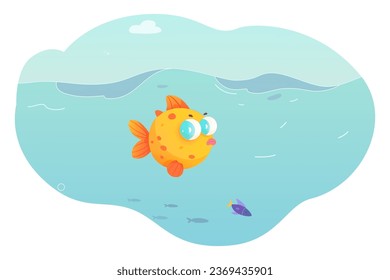 Ilustración vectorial de peces dorados tropicales. Caricatura aislada del personaje de un pez dorado con ojos grandes, cola y aletas, lindo pez telescopio bebé sobre fondo azul oscuro del agua del mar con burbujas.