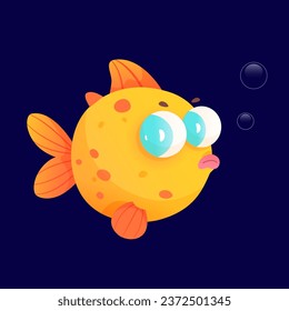 Tropical gold fish vector illustration. Cartoon isolated orange dragoneye goldfish character with big eyes, tail and fins, cute baby telescope fish on dark blue background of sea water with bubbles