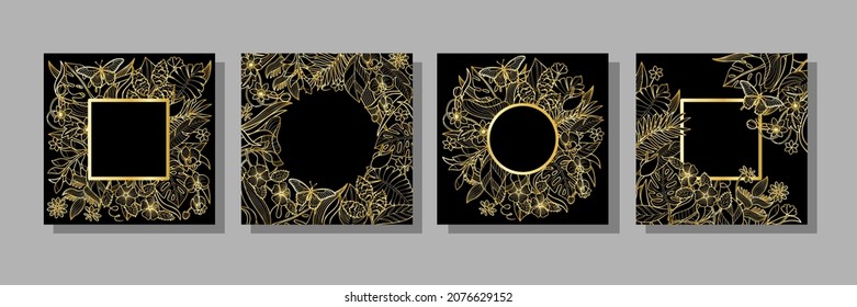 Tropical gold flowers and plants frames set