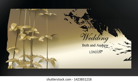 Tropical gold leaves on dark black background vector. Botanical exotic horizontal design with golden tropic jungle creeper plant stem and paint smear. Wedding ceremony invitation card, holiday sale