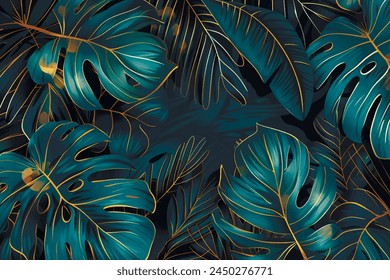 Tropical gold lines monstera leaves 3d pattern background illustration. Leafy vector backdrop. Surface tropic plants luxury wallpaper. Beautiful botanical pattern. Ornate drawing texture.