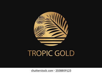 Tropical gold logo.palm fronds in sun circle.beachside.resort and spa emblem.tropical cosmetics beauty identity,business card,business.