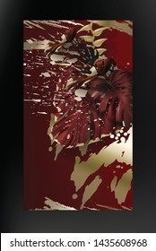 Tropical gold maroon monstera leaf, on dark red background vector. Beautiful botanical design with tropic jungle heliconia, exotic plant and golden paint smear Wedding invitation card, holiday sale