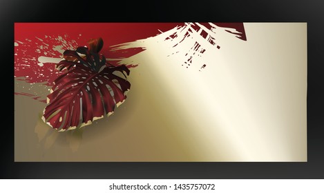 Tropical gold maroon monstera leaf, on dark red background vector. Beautiful botanical design with tropic jungle leaves, exotic plant and golden paint smear Wedding invitation card, holiday sale