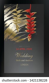 Tropical gold red plants on black or dark gray background vector. Beautiful botanical design with golden paint smear, tropic jungle exotic heliconia flower. Wedding invitation card, holiday sale