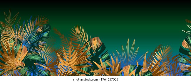 Tropical golden and emerald leaves seamless pattern border frame with vector image