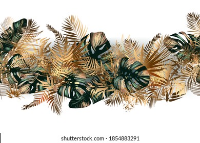 Tropical golden and emerald leaves seamless pattern border frame with vector image. Jungalow style. Botanical theme. Fabulous tropical wallpapers and backgrounds