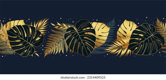 Tropical golden leaves seamless pattern border frame with vector image. Blue background.