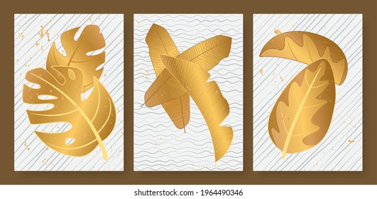 Tropical golden leaves vector illustration set. Exotic luxury abstract gold palm tree leaf, minimal foliage of tropics, vertical floral modern template background wall picture decoration or social med