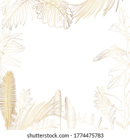 Tropical Golden palm leaves on white background. Beautifil Wedding Invitation with Palm Tree Leaf Line Art.