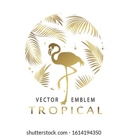 Tropical golden  triangular emblem. Exotic logo with flamingos and palm leaves. Abstract tropical sign design template. Isolation. Vector illustration