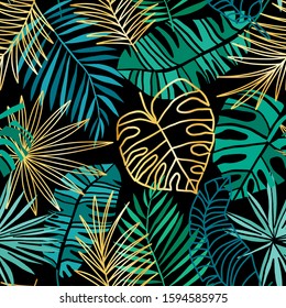 Tropical golden vector seamless pattern. Summer tropic background. Green and gold jungle leaves isolated on black