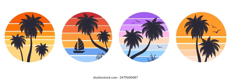 Tropical gradient badges. Palm trees summer beach 80s style badges, circle sunrise grunge emblems flat vector illustration set. Sunset landscape stamps