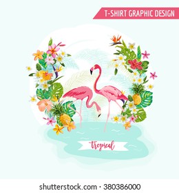 Tropical Graphic Design. Flamingo and Flowers. For T-shirt Fashion Prints. Vector