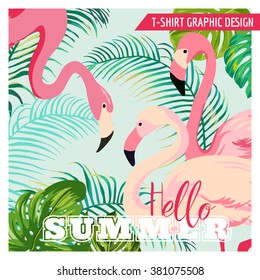 Diseño Gráfico Tropical. Flamingo y Flores. para camisetas, moda, huellas. Vector