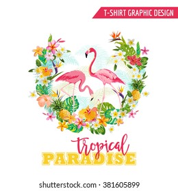 Tropical Graphic Design. Flamingo and Flowers for t-shirt, fashion, prints. Vector