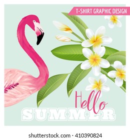 Tropical Graphic Design. Flamingo and Flowers, for t-shirt, fashion, prints  in vector