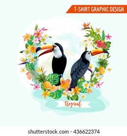 Tropical Graphic Design. Toucan Bird and Flowers. T-shirt Fashion Print. Vector Background.