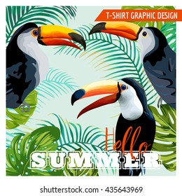 Tropical Graphic Design. Toucan and Tropic Flowers. T-shirt Fashion Prints. Vector Background. 