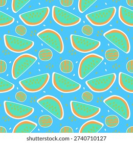 Tropical graphic seamless pattern with abstract greenish blue watermelon slices and a round fruit on a bright blue background. for use in textiles, wallpaper, wrapping paper or web graphics.Vector illustration.