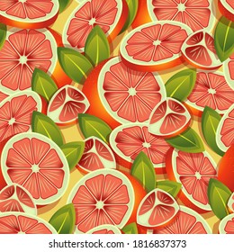 Tropical graprefruits halved and sliced pattern. Vector seamless pattern design for textile, fashion, paper, packaging and branding. 