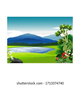 Tropical Grass Field Landscape View With Ivy Plants Cartoon Vector Illustration