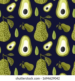 Vectorial sin fisuras de aguacate verde tropical. Comida vegetariana de frutas exóticas orgánicas, de fondo en un estilo plano. Dibujo manual de dibujos animados.
