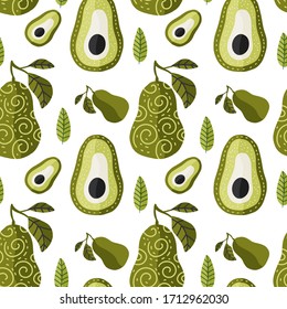 Tropical green avocado seamless vector pattern. Organic vegetarian exotic fruit food, background in a flat style. Hand drawn ornate cartoon illustration.