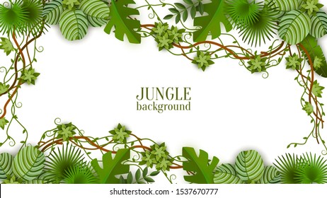 Tropical green background and frame with jungle, vines, exotic leaves and plants. Summer background with rainforest and jungle. Isolated vector flat illustration in jungle style.