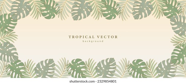 Tropical green background with monstera and palm leaves. Background for decor, covers, wallpapers, postcards and presentations. Botanical frame for text or photo