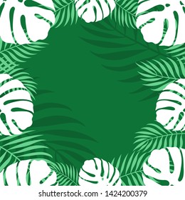 Tropical green background with palm and monstera leaves. Vector illustration