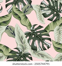 Tropical green banana, monstera palm leaves, light pink background. Vector seamless pattern. Floral illustration. Exotic plants. Summer beach design. Paradise nature