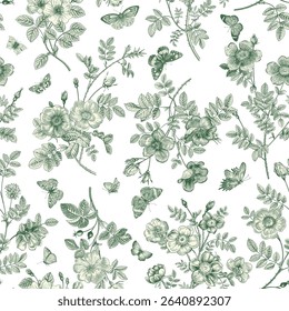 Tropical Green Butterfly Floral and white background Seamless Pattren Print Repeatable
